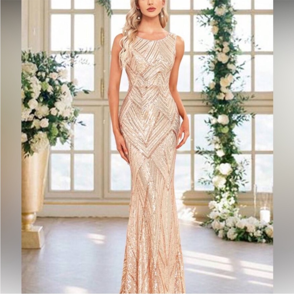 Elegant Sequin Evening Gown - Champagne Gold